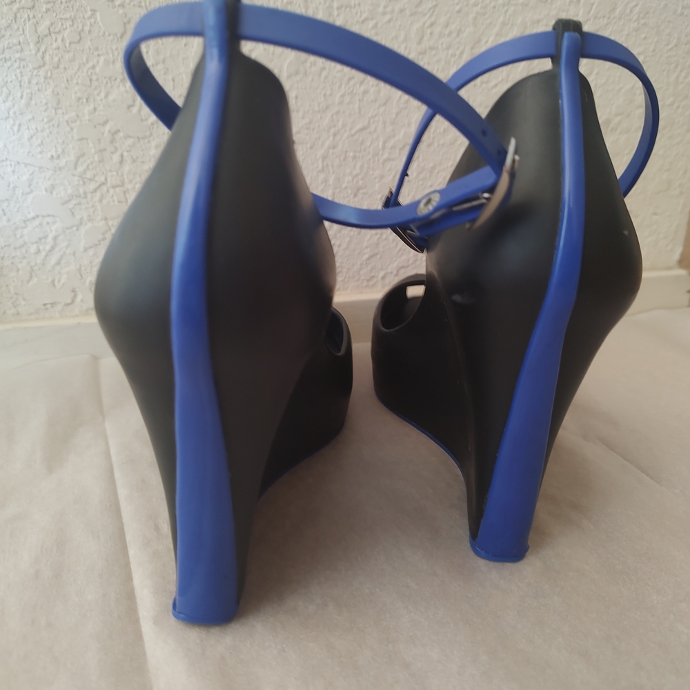 Melissa Patchuli Wedges- Blue and Black High-Heeled Wedges with Ankle Strap